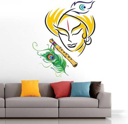INKEDIFY 86 cm Lord Krishna Playing Flute Peacock Feather Wall Sticker Self Adhesive Sticker