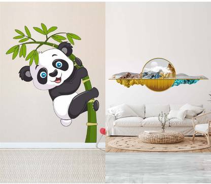 APTIO 45 cm 3D Deer With Mountain & Baby Panda Self Adhesive Sticker