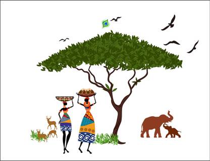 Decoar Nirmal 91 cm Tribal ladies with animals sticker size (91x76 cm) Self Adhesive Sticker