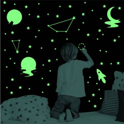 DreamKraft 25 cm Glow in the Dark Sticker Set - Moon, Star, Galaxy, and Rocket Designs Self Adhesive Sticker