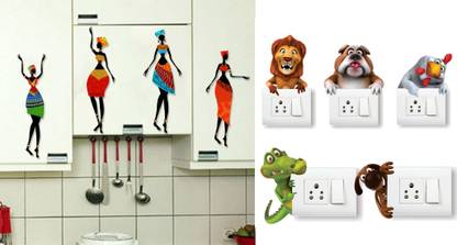 Walltech 18 cm African Dancing lady With Free Animals Switch Board Sticker Self Adhesive Sticker