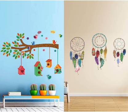 APTIO 45 cm Wall stickers For Decor | 3 Dreamcatcher & Bird House on a Branch Self Adhesive Sticker