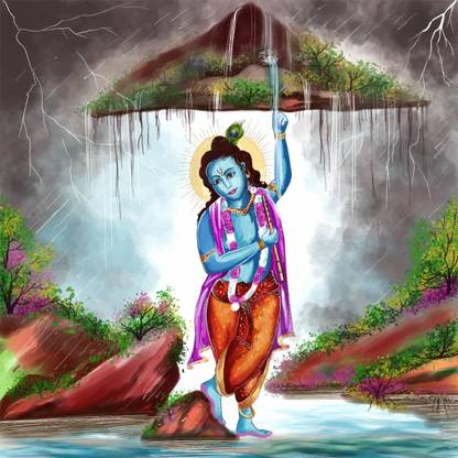 voorkoms 20 cm Lord Krishna Govardhan Parvat Poster Home Décor Wall Art Wall Decoration8x8 Inch Self Adhesive Sticker
