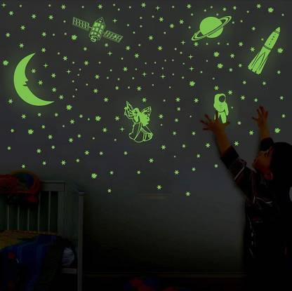 HAPPINY 4 cm Night Glow Big & Small Stars, Moon, Spaceship, Fairy, Astronaut wall Stickers Glow in the Dark Sticker