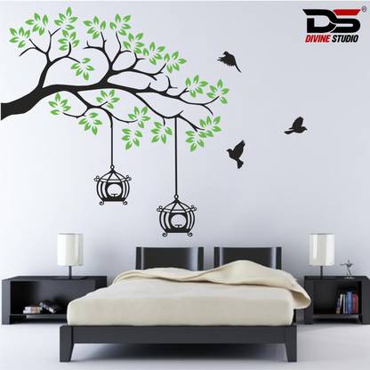 wildartcreation 45 cm Trending Drak Green Birds Flying, Nest and Tree Printed Wall Sticker Self Adhesive Sticker