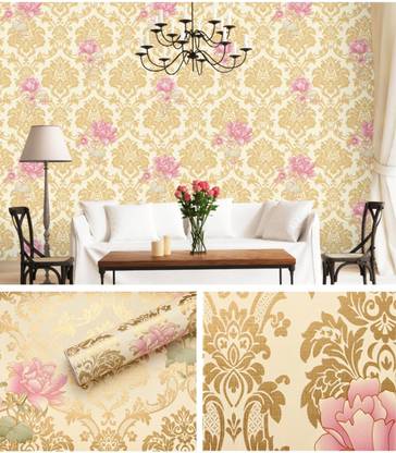 rawpockets 500 cm Royal Golden Damask Pattern with Rose Flower And Green Leaf Self Adhesive Sticker