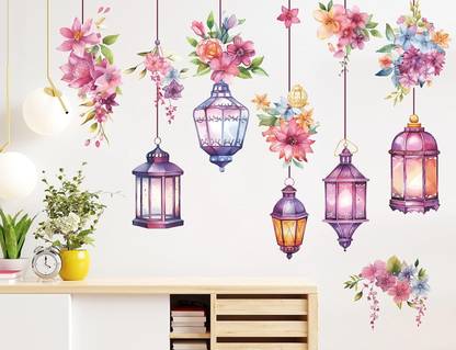 STICKER STUDIO 58 inch Hanging Flower Vine Wall Stickers Floral and Lamp Wall Sticker Self Adhesive Sticker
