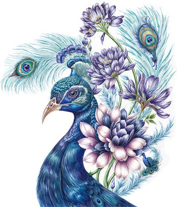 Riditcreation 58 cm Blue Peacock Painting Self Adhesive Sticker
