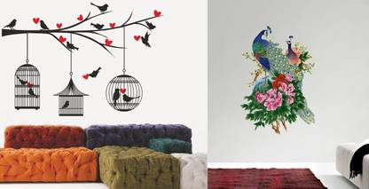 STICKER STUDIO 38 cm Combo of 2 Wall Sticker Bird Cage & Peacock Sticker Self Adhesive Sticker