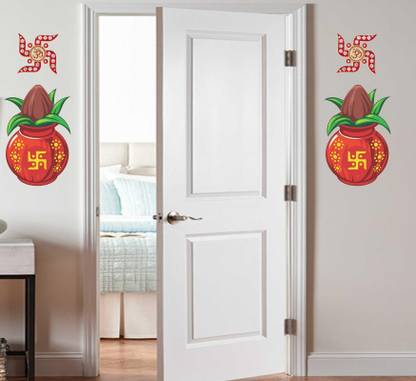 GLOBAL GRAPHICS 50 cm Sathiya kalash and shbh labh wall sticker decorater diwali décor (pvc vinyl decorative diwal decal sticker) Self Adhesive Sticker