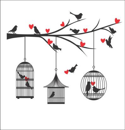 MGDECOR 91 cm Decorative Loveing Hearts Tree Birds With Cages Multicolour Wall Sticker Self Adhesive Sticker