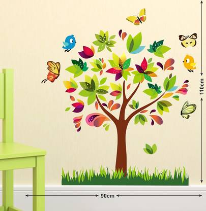LANSTICK 91.44 cm COLOURFUL TREE WITH BIRDS AND BUTTERFILES STICKER Self Adhesive Sticker