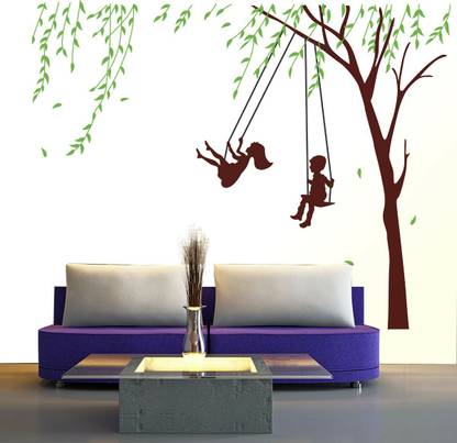 walkart 2.54 cm girl and boy playing swing under a tree Removable Sticker