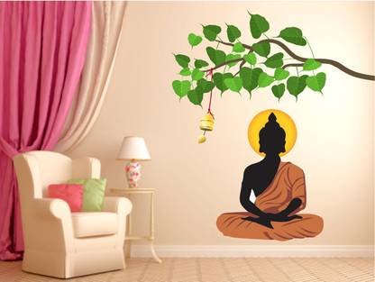 DivineDesigns 61 cm Gautama Buddha & Peepal Tree Self Adhesive Sticker