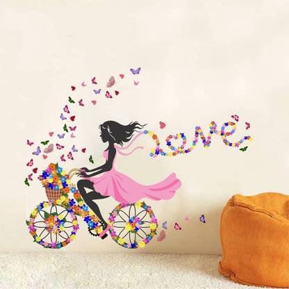 Decal O Decal 90 cm ' Girl with flower and Butterflies ' Wall Stickers (PVC Vinyl,Multicolour) Self Adhesive Sticker