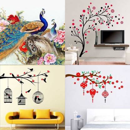 APTIO 45 cm Wall Sticker Royal Peacock LoveBirds & Hearts magical tree Red flower & lantern Self Adhesive Sticker