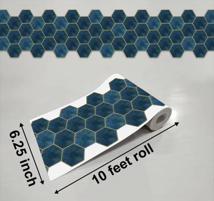 WALLDESIGN 120 inch Teal Blue Hexagon Tile Border-6.25inx10ft For Furniture,Wall,Staircase Self Adhesive Sticker
