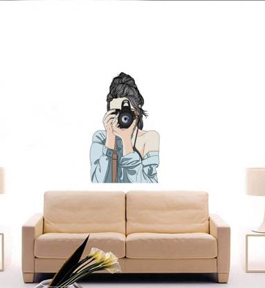 GLOBAL GRAPHICS 48 cm Girl Click The Photography With Digital Camera Decorative wal Stickers ( PVC Vinyl ) Reusable Sticker