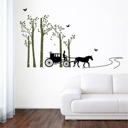 rawpockets 1 cm " Horse Chariot With Tree " Wall Decals Self Adhesive Sticker