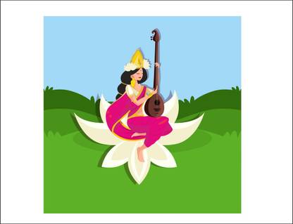 Sahaj Décor 91 cm Saraswati puja being observed wall sticker self adhesive size (91x91 cm ) Self Adhesive Sticker