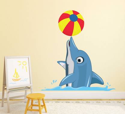 WALLDECORS 60.96 cm DOLPHIN PLAYING WITH BALL IMAGE / WALL STICKER Self Adhesive Sticker