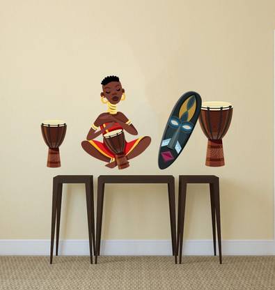 ZEN TREK 45 cm Tribal Women Playing Drums Wall Stickers (PVC Vinyl,Multicolour) Self Adhesive Sticker