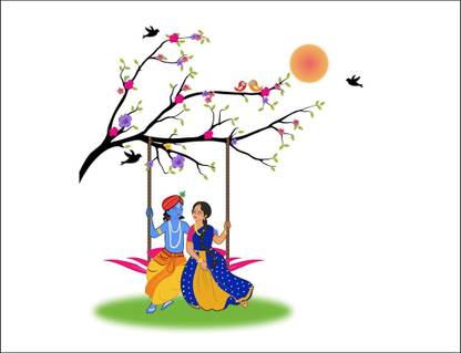 Decoar Nirmal 91 cm Radha krishna on a swing wall sticker size (81x91cm) Self Adhesive Sticker
