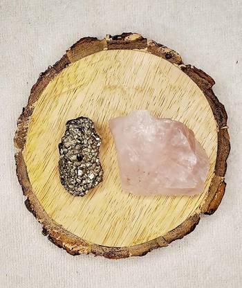 Divinity Crystals Pyrite and Rose Quartz AAA Grade Raw Natural Crystal Combo with Bark Coaster Regular Round Crystal Stone