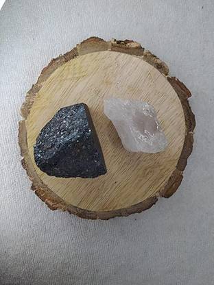 DivinityHealing Hematite & Clear Quartz Combo with Wooden Natural Bark Coaster for Healing Polished Round Crystal Stone