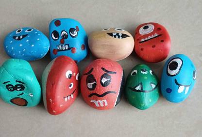 Sudha Hand-Painted Colorful Cute Monster Pebble Set Painted Asymmetrical Rock Pebbles