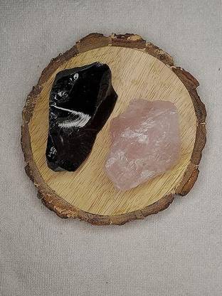 Divinity Crystals Black Obsidian + Rose Quartz Crystal Combo with Bark Coaster for Healing Regular Round Crystal Stone