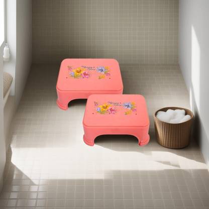 HOMESTIC Floral Print 2 Pieces Plastic Bathroom Stool for Home, Office|Pink Stool