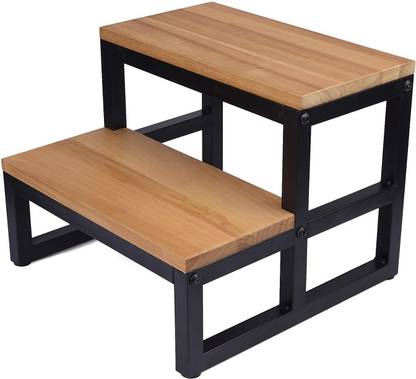 FURINNO Wood Step Stool with Metal Frame Double Wooden Stepping Footstool Stool