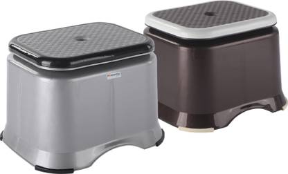 HOMESTIC Pack of 2 Anti-Slip Bathroom Stool for Bathing | Check Ultra 10- Grey & Brown Stool