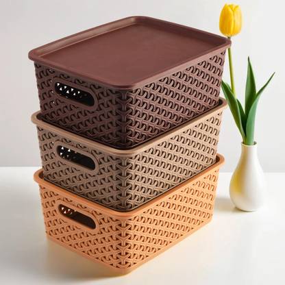 KUBER INDUSTRIES Plastic Plastic 3 Pieces Extra Small Size Multipurpose Solitaire Storage Basket with Lid (Multi) - CTKTC23261 Storage Basket