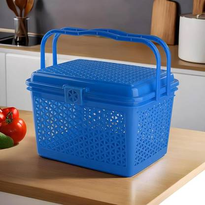 Heart Home Plastic Plastic Multipurpose Trendy Shopping Big Basket with Lid (Blue) Storage Basket
