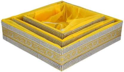 LINE 'N' CURVES Wooden Handmade Wooden Square Hamper Basket with Yellow Net Cover Empty Basket Set Of 3 Storage Basket