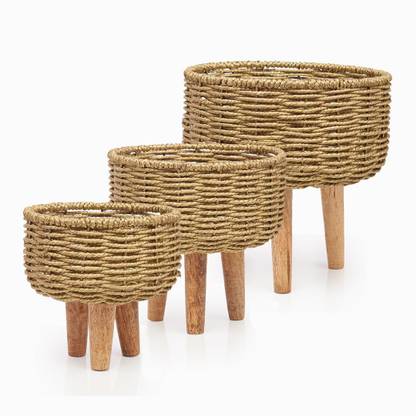 Savi Enterprisez Jute, Wooden Crafter Modern Floor Plant Stand Flower Stands for Living Room Display pot Storage Basket