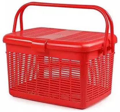 nuwi Plastic Multipurpose Shopping Picnic Fruit Basket Solid Plastic Big Handles Plus Lid Storage Basket