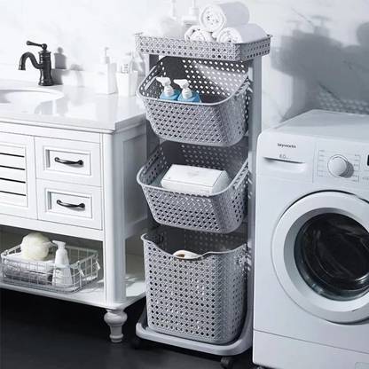 AJAAQI Plastic Premium Laundry 4 Layer Grey Colour Trolley/ Basket with Wheels Cloth Storage Basket