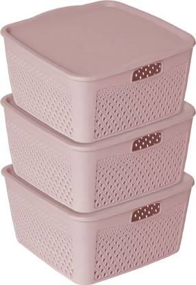 KUBER INDUSTRIES Plastic Netted Design Unbreakable Square Shape Plastic Storage Baskets Pack of 3 (Peach) Storage Basket