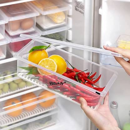 VATUKDY Plastic 6 PCS Fridge Kitchen Home Container Storage Basket Box Dabba With Drain Plate Storage Basket