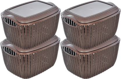 KUBER INDUSTRIES Plastic Multiuses Small M 25 Plastic Basket/Organizer With Lid- Pack of 4 (Brown) Storage Basket