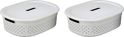 KOLORR Plastic Plastic Multipurpose Large Pack of 2 Daiso Grey Stitch Basket with Lid for Home Storage Basket