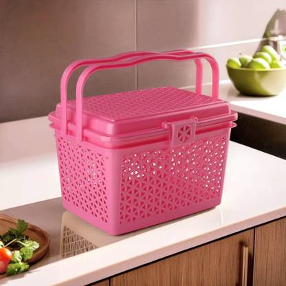 HOMESTIC Plastic Plastic Multipurpose Trendy Shopping Small Basket with Lid (Pink) Storage Basket