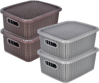 KUBER INDUSTRIES Plastic Multiuses Large M 20 Plastic Basket/Organizer With Lid- Pack of 4 (Grey & Brown) Storage Basket