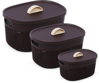 Flipkart SmartBuy Plastic 3 Pc Multipurpose Storage Basket for Kitchen, Office,Bedroom, Bath Room With Lid Storage Basket