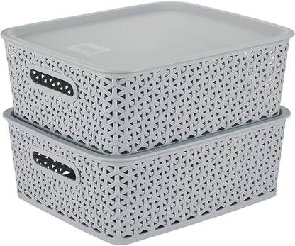 KOLORR Plastic Premium Elite Baskets Medium with 2 Lids - Daiso Grey Storage Basket