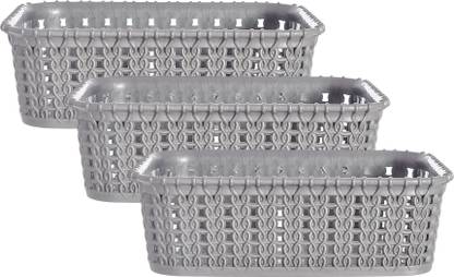 Heart Home Plastic Multipurposes Small M 15 Plastic Basket, Organizer-Pack of 3 (Grey) -46HH0122 Storage Basket