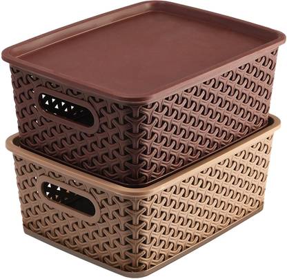 HOMESTIC Plastic Plastic 2 Pieces Extra Small Size Solitaire Storage Basket with Lid (Multi) Storage Basket